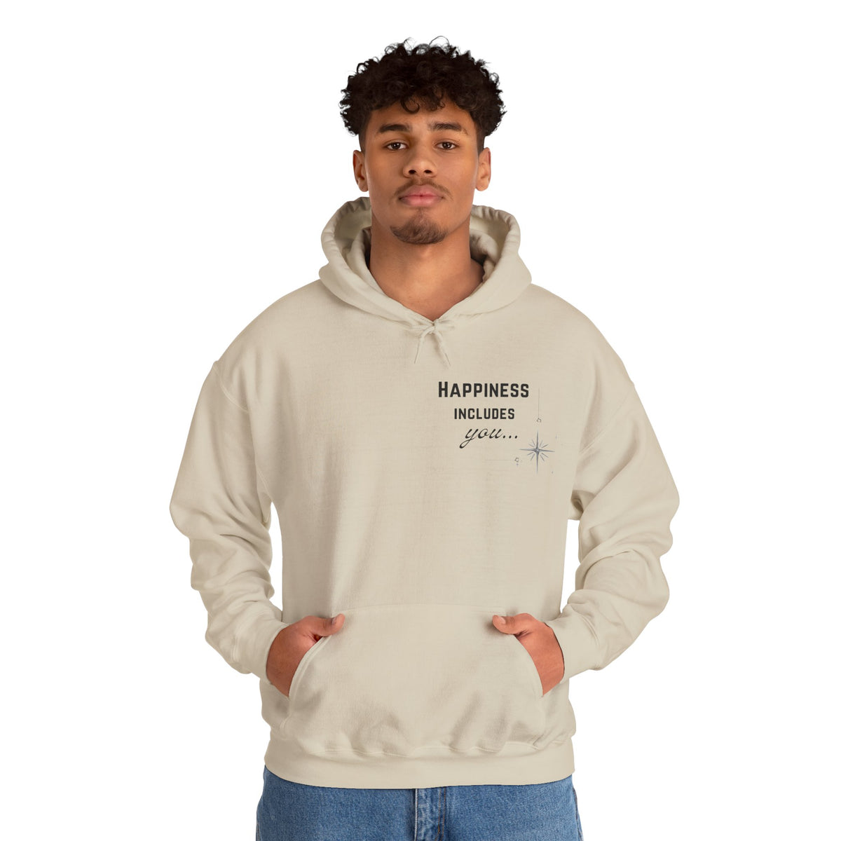 Hoodie — "Happiness Includes You Too" Minimal Star Graphic