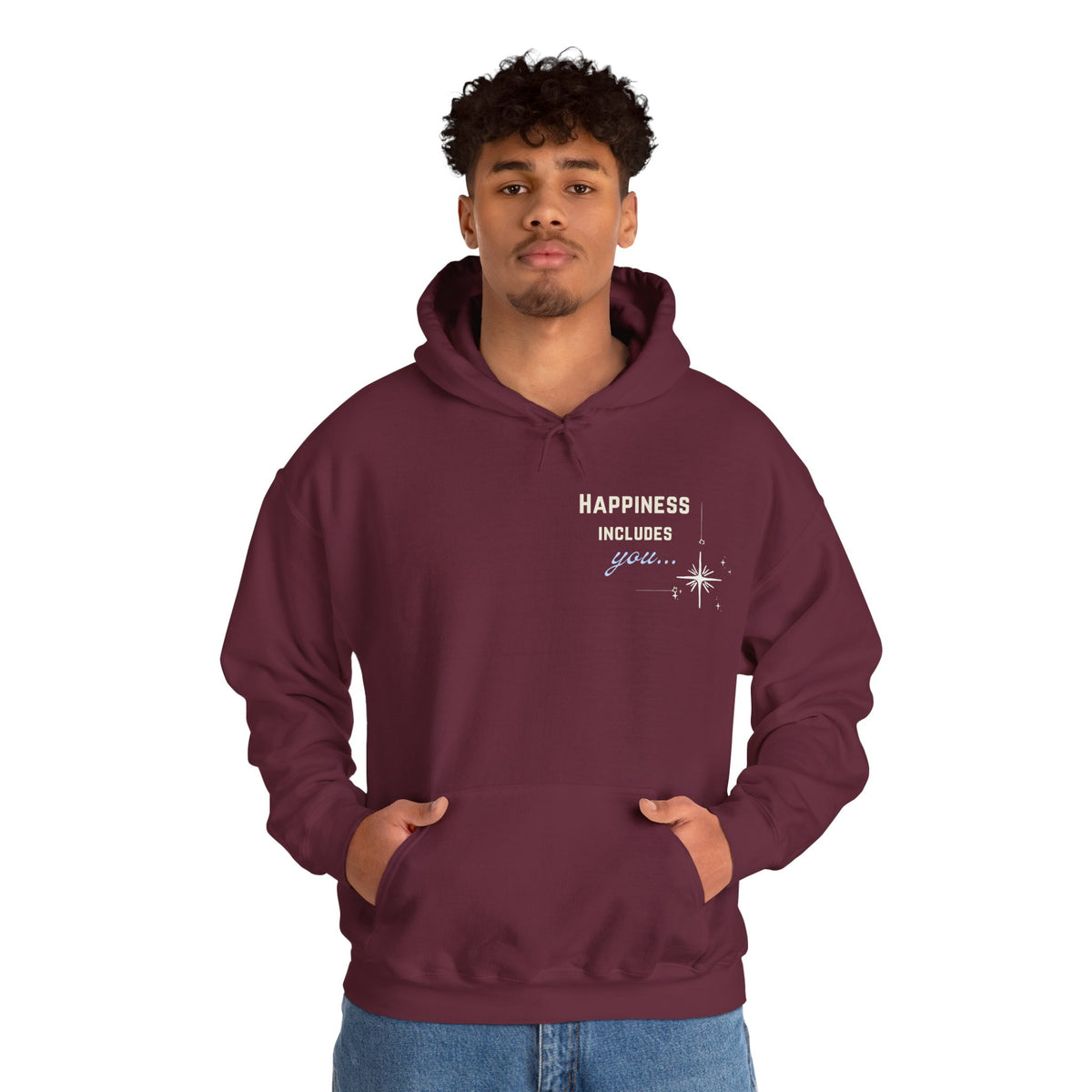 Hoodie — "Happiness Includes You Too" Minimal Star Graphic