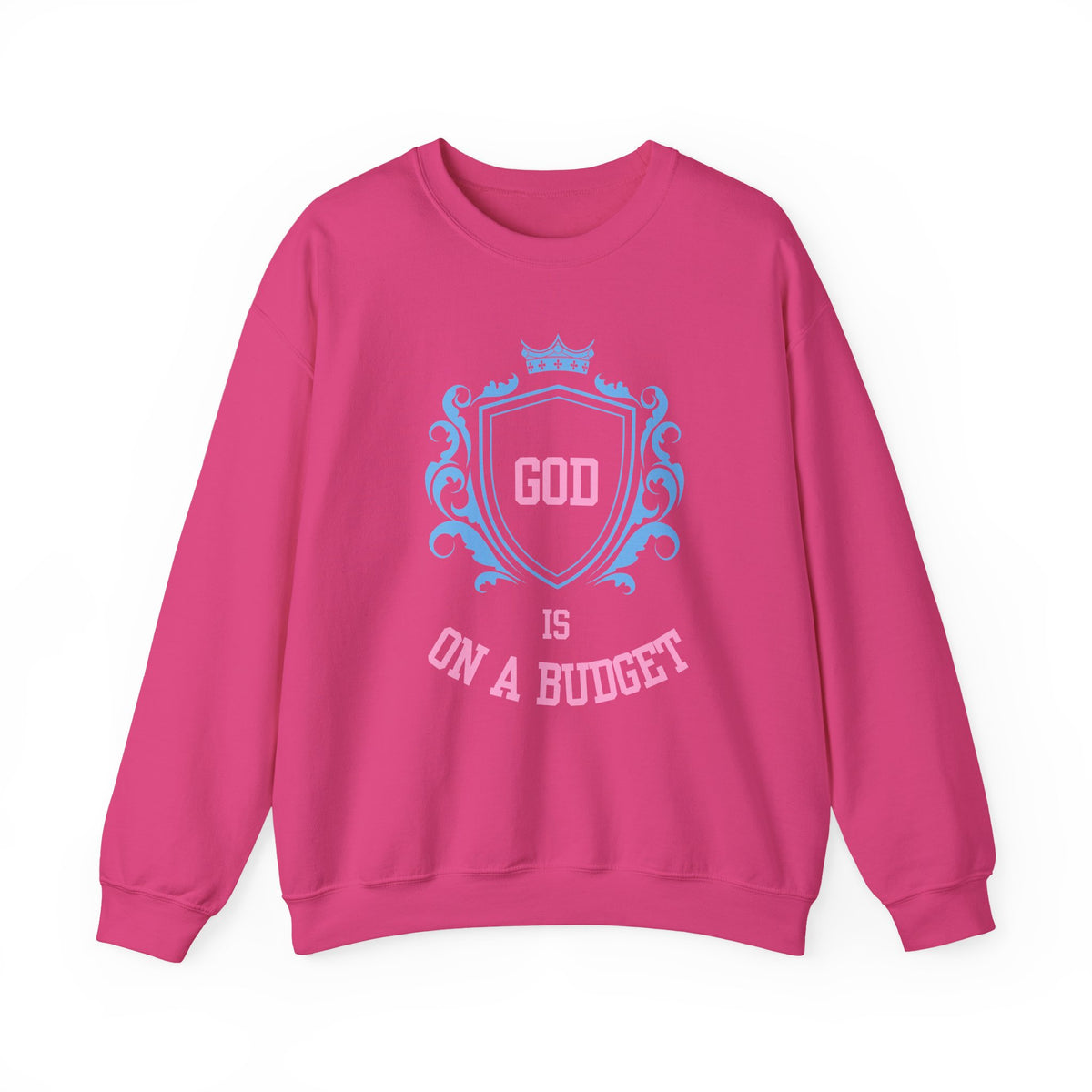 God Is On A Budget Crewneck Sweatshirt — Faith-Inspired Crest Design