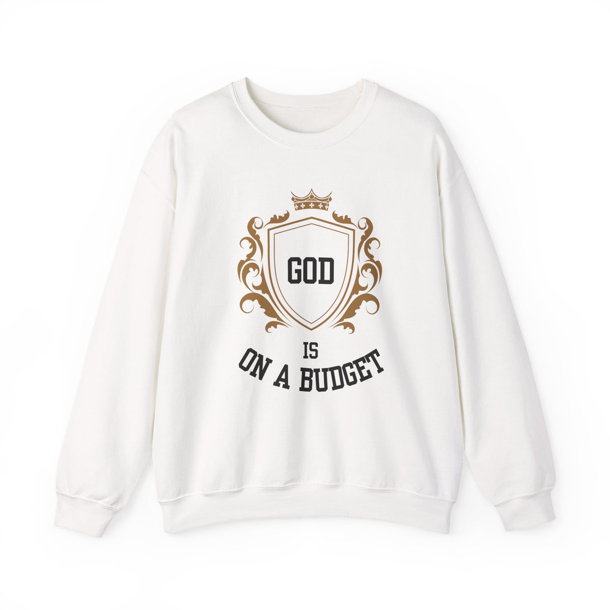God Is On A Budget Crewneck Sweatshirt — Faith-Inspired Crest Design