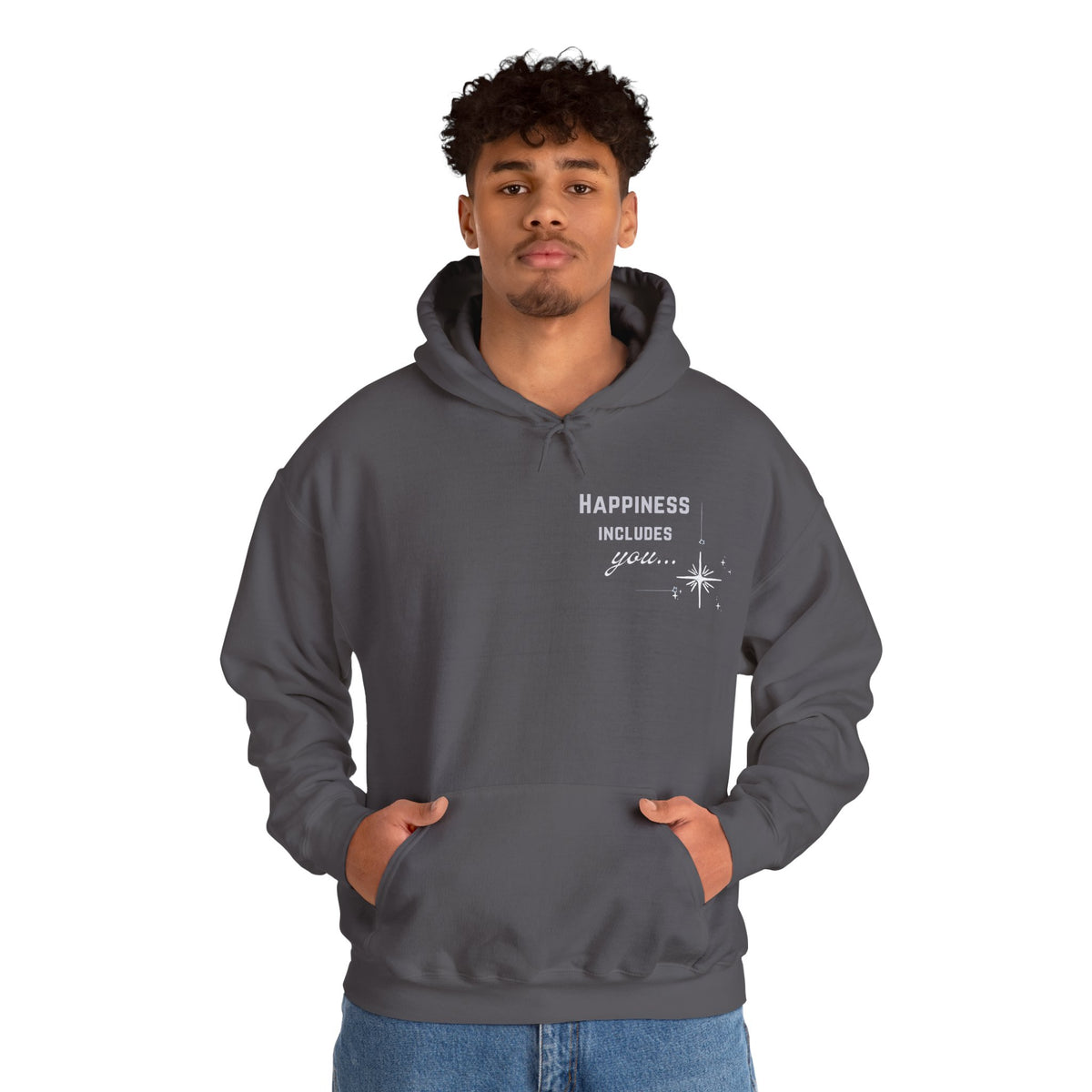 Hoodie — "Happiness Includes You Too" Minimal Star Graphic