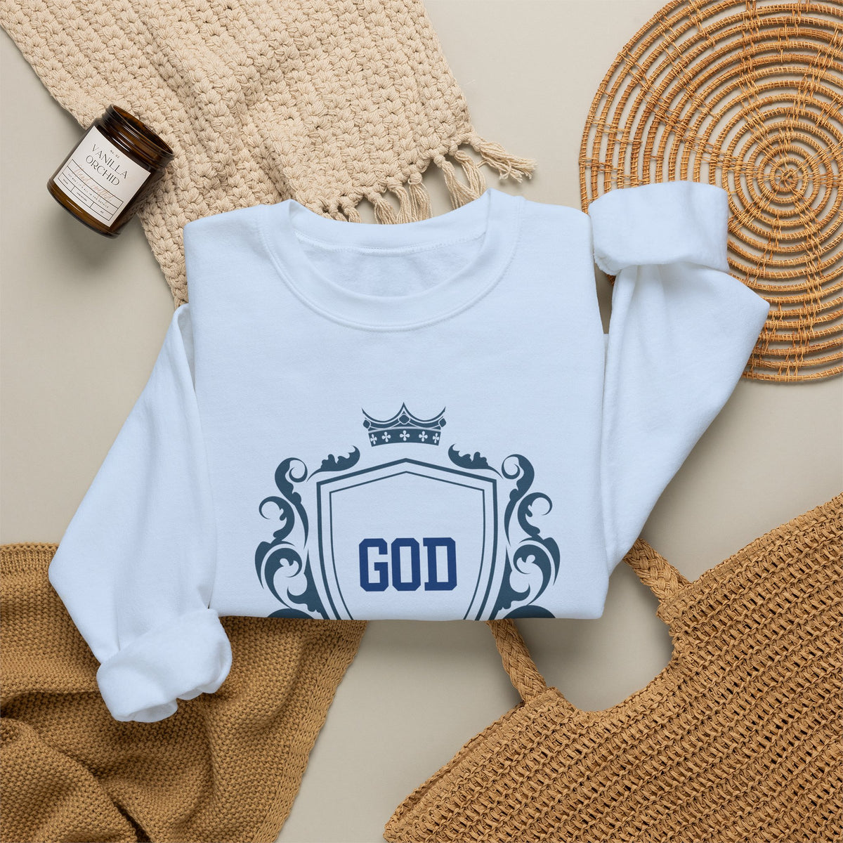 God Is On A Budget Crewneck Sweatshirt — Faith-Inspired Crest Design