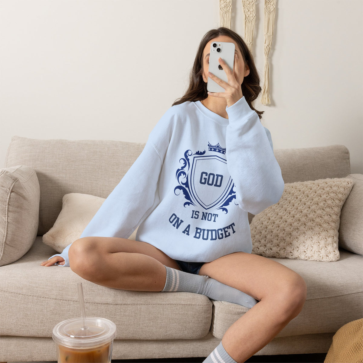 God Is On A Budget Crewneck Sweatshirt — Faith-Inspired Crest Design
