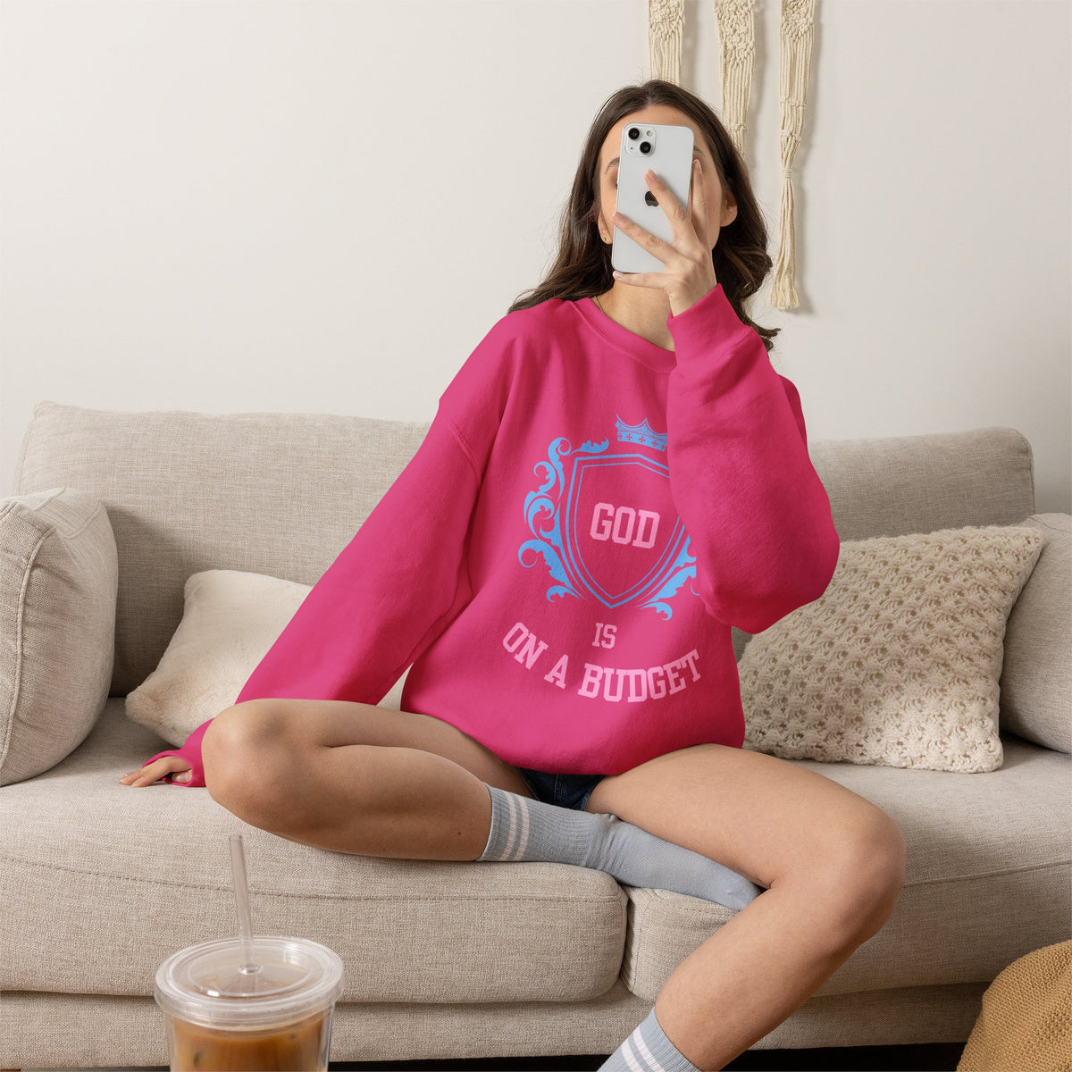 God Is On A Budget Crewneck Sweatshirt — Faith-Inspired Crest Design
