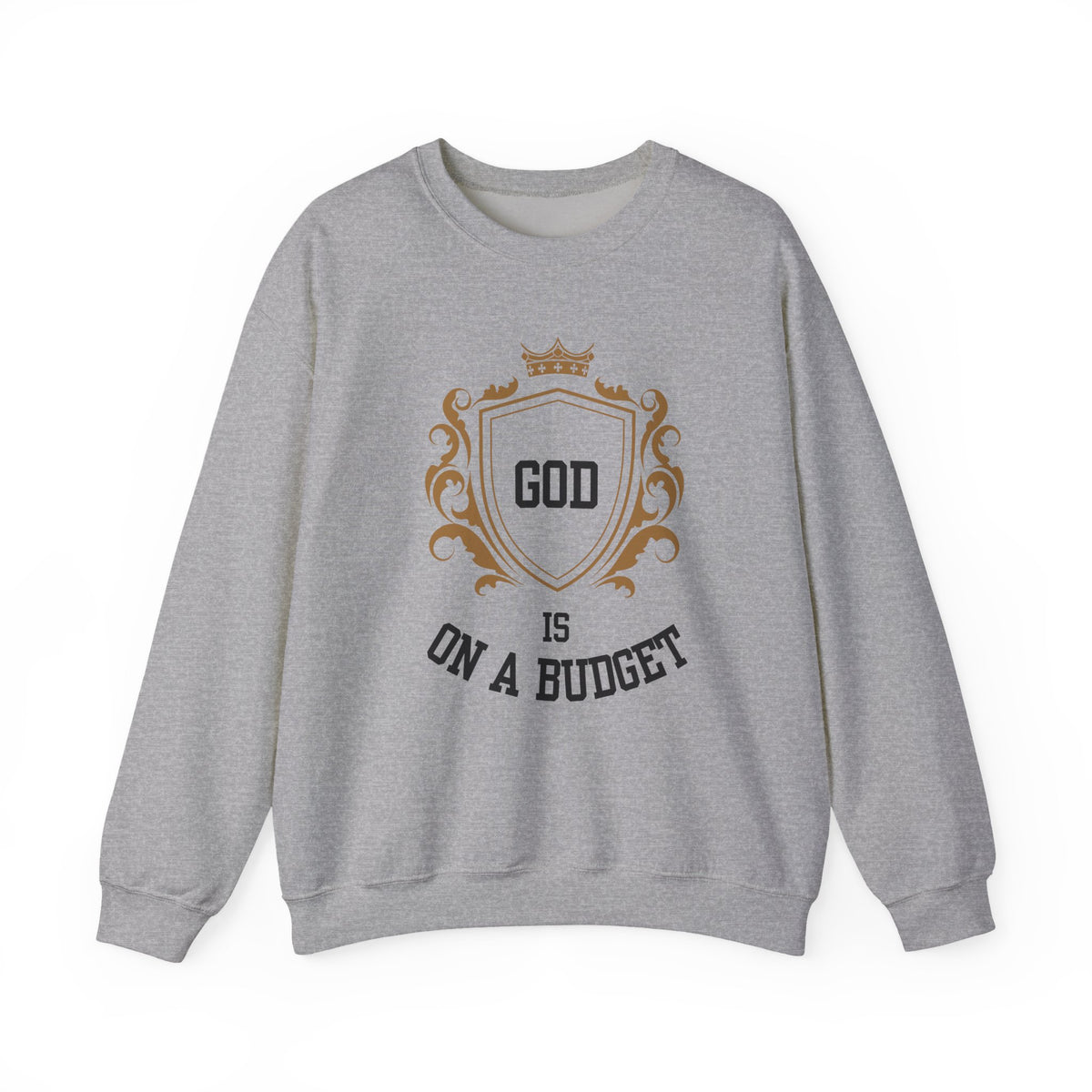 God Is On A Budget Crewneck Sweatshirt — Faith-Inspired Crest Design