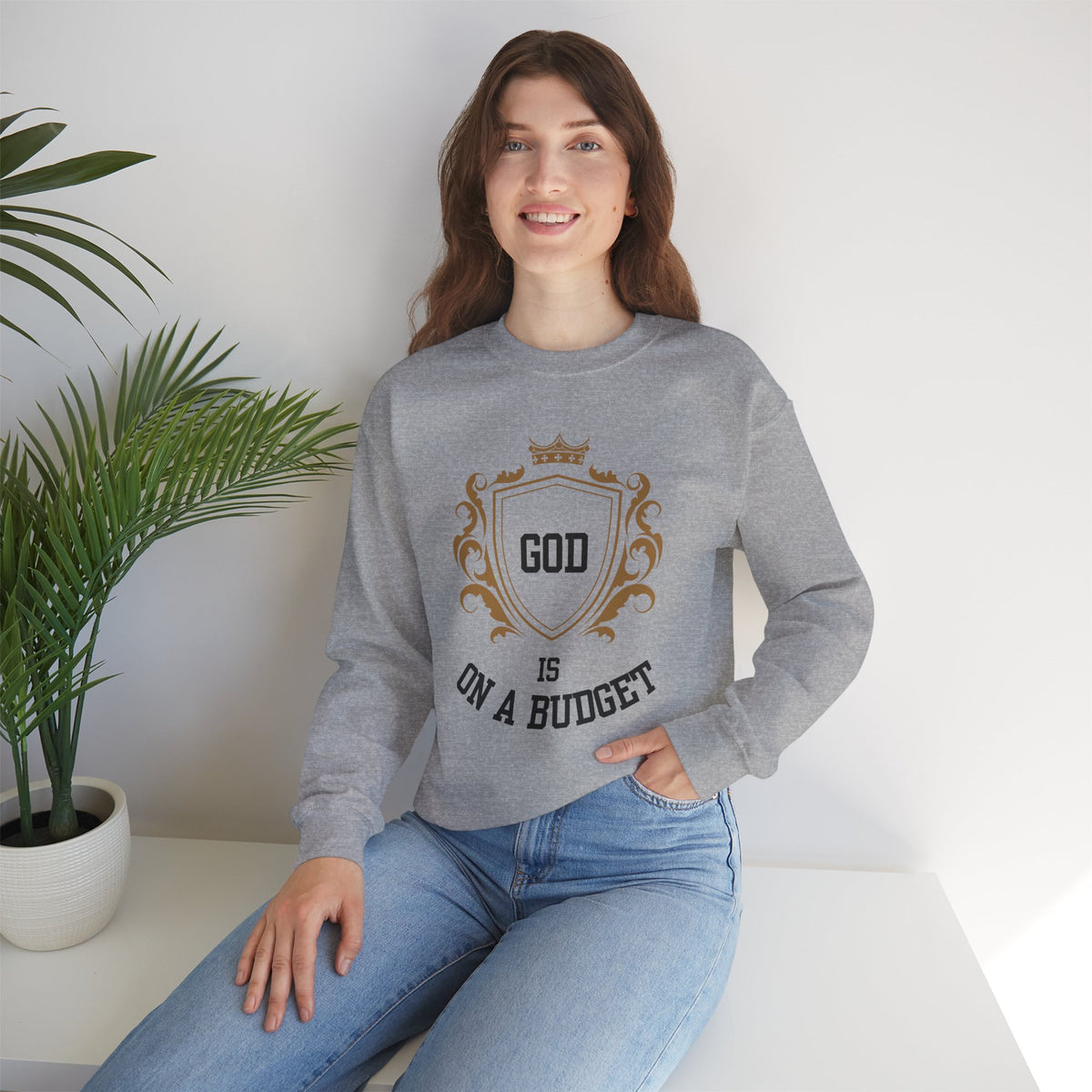 God Is On A Budget Crewneck Sweatshirt — Faith-Inspired Crest Design
