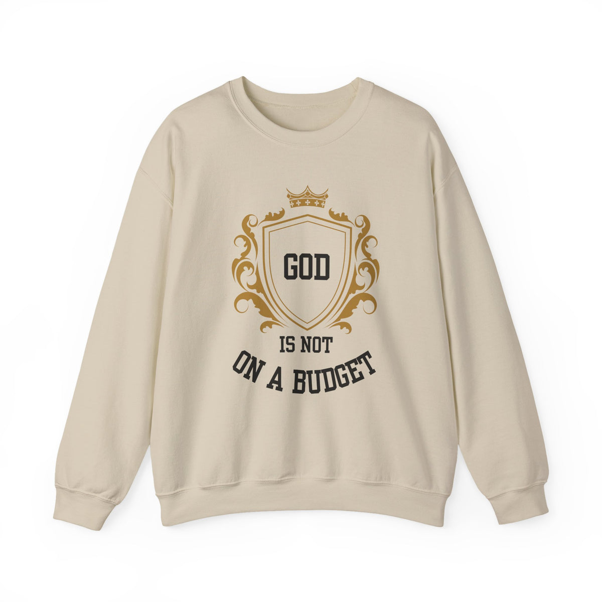 God Is On A Budget Crewneck Sweatshirt — Faith-Inspired Crest Design