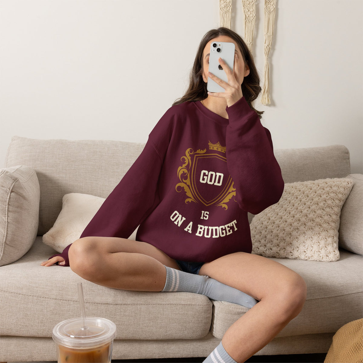 God Is On A Budget Crewneck Sweatshirt — Faith-Inspired Crest Design
