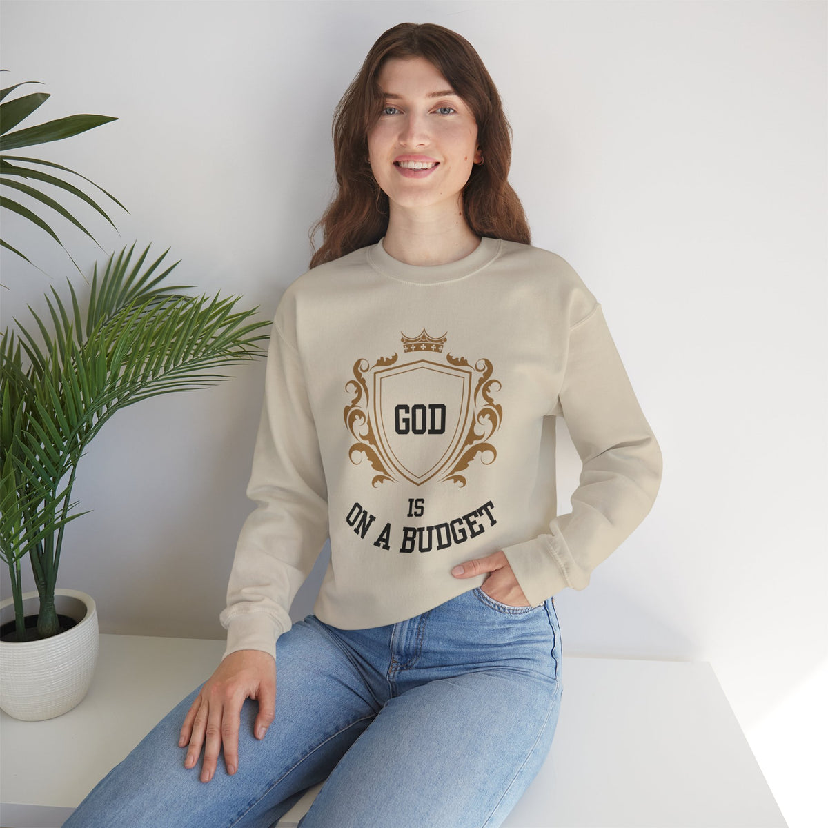 God Is On A Budget Crewneck Sweatshirt — Faith-Inspired Crest Design