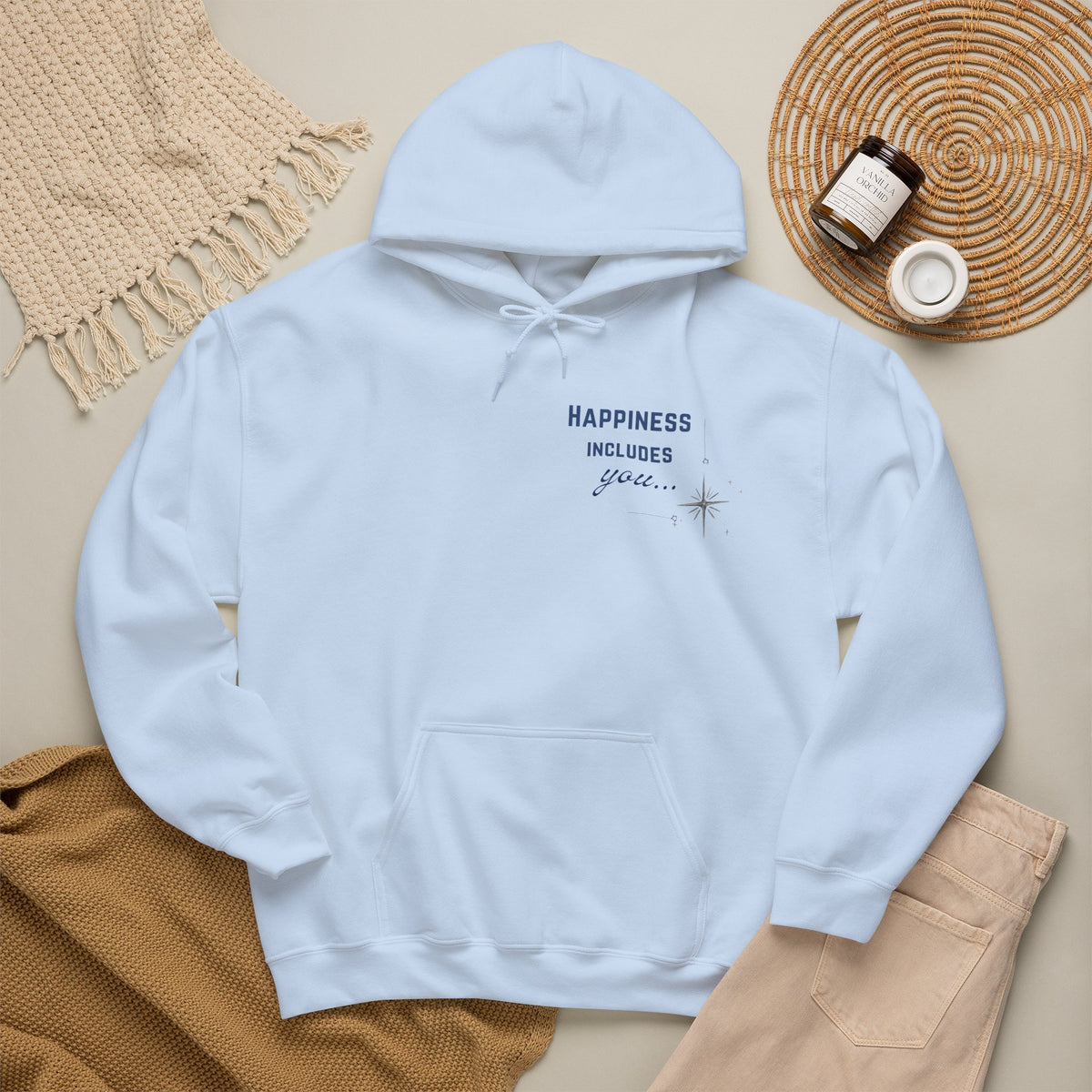 Hoodie — "Happiness Includes You Too" Minimal Star Graphic
