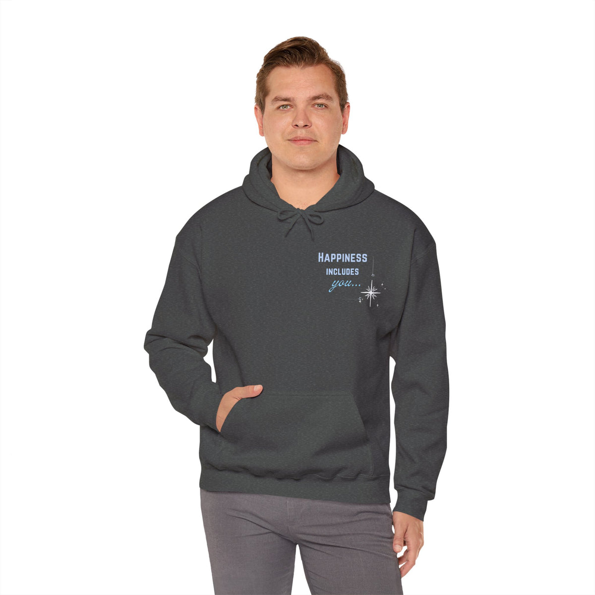 Hoodie — "Happiness Includes You Too" Minimal Star Graphic