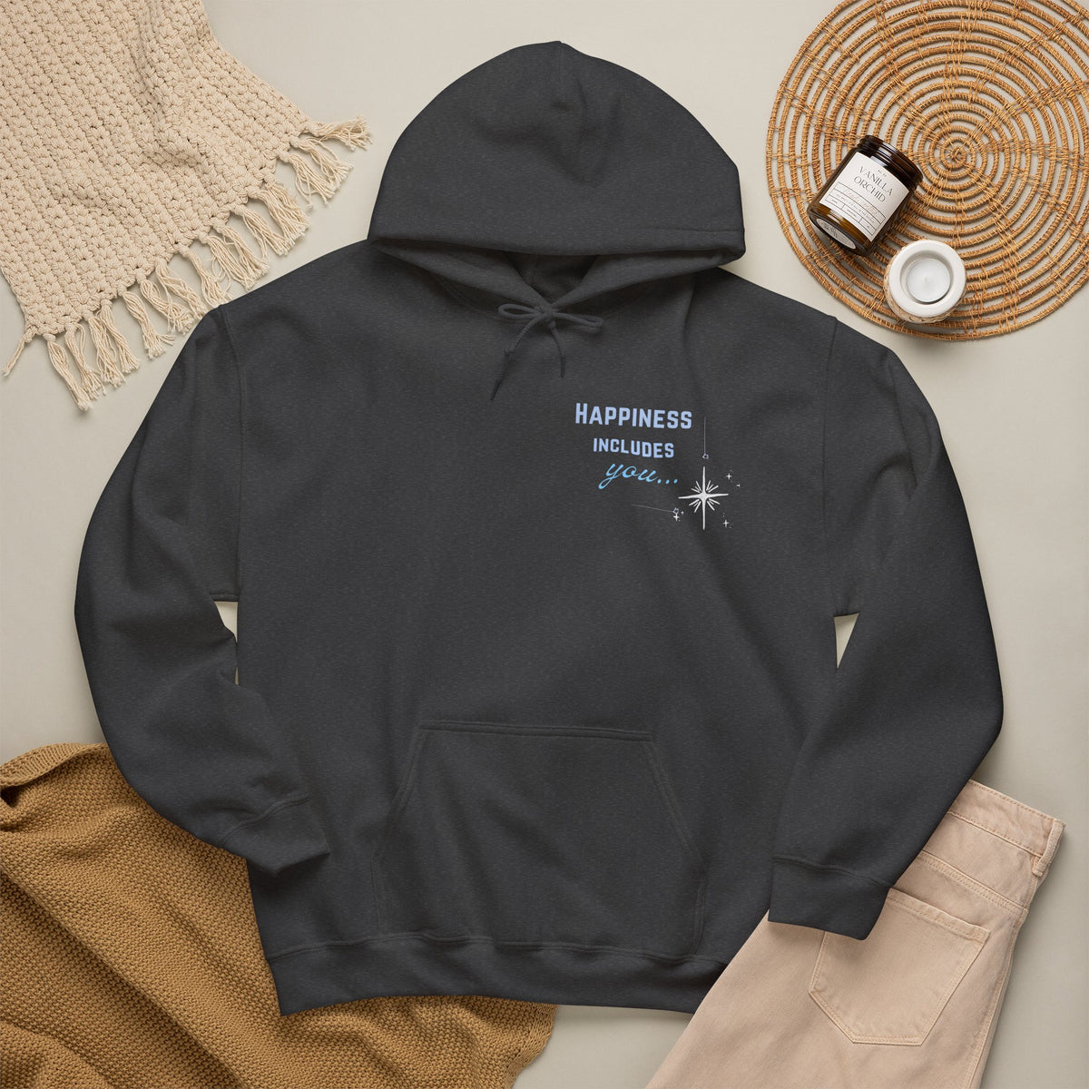 Hoodie — "Happiness Includes You Too" Minimal Star Graphic