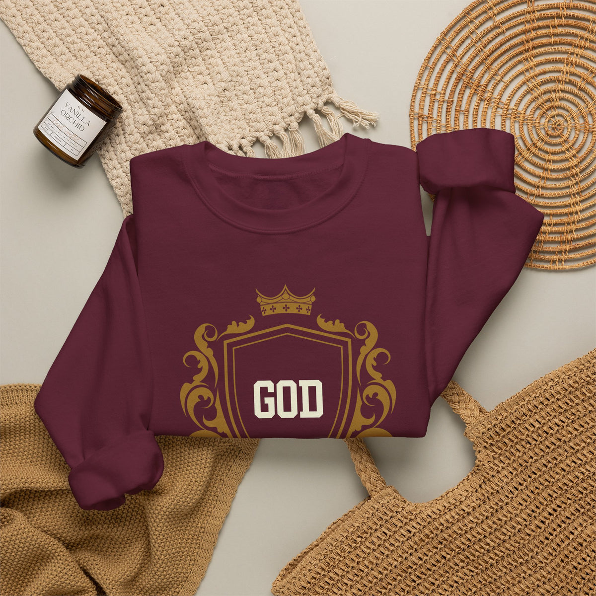 God Is On A Budget Crewneck Sweatshirt — Faith-Inspired Crest Design