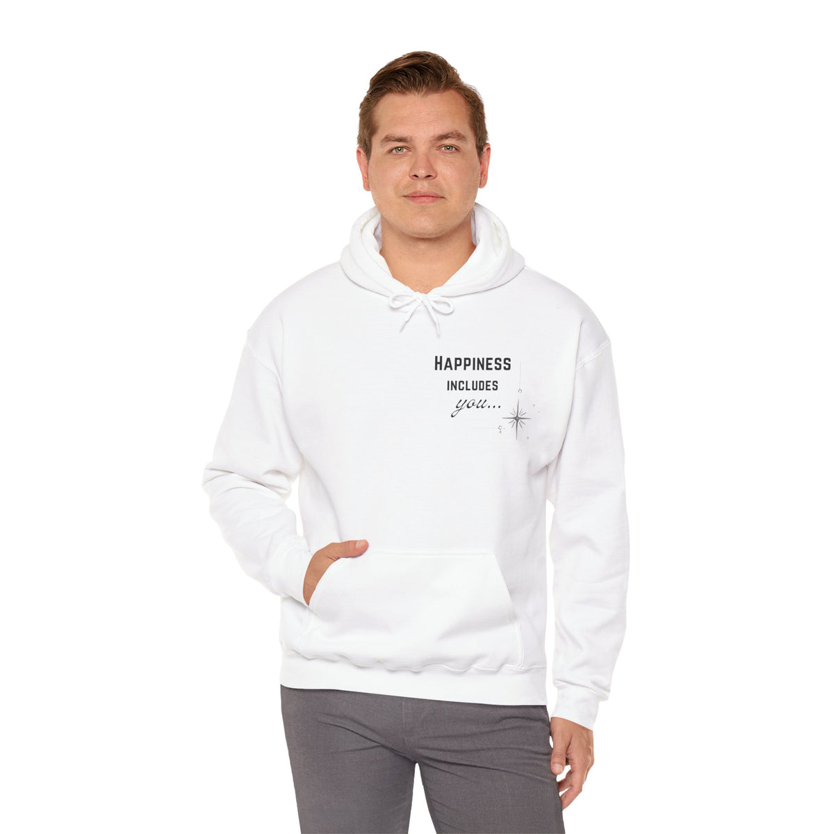 Hoodie — "Happiness Includes You Too" Minimal Star Graphic