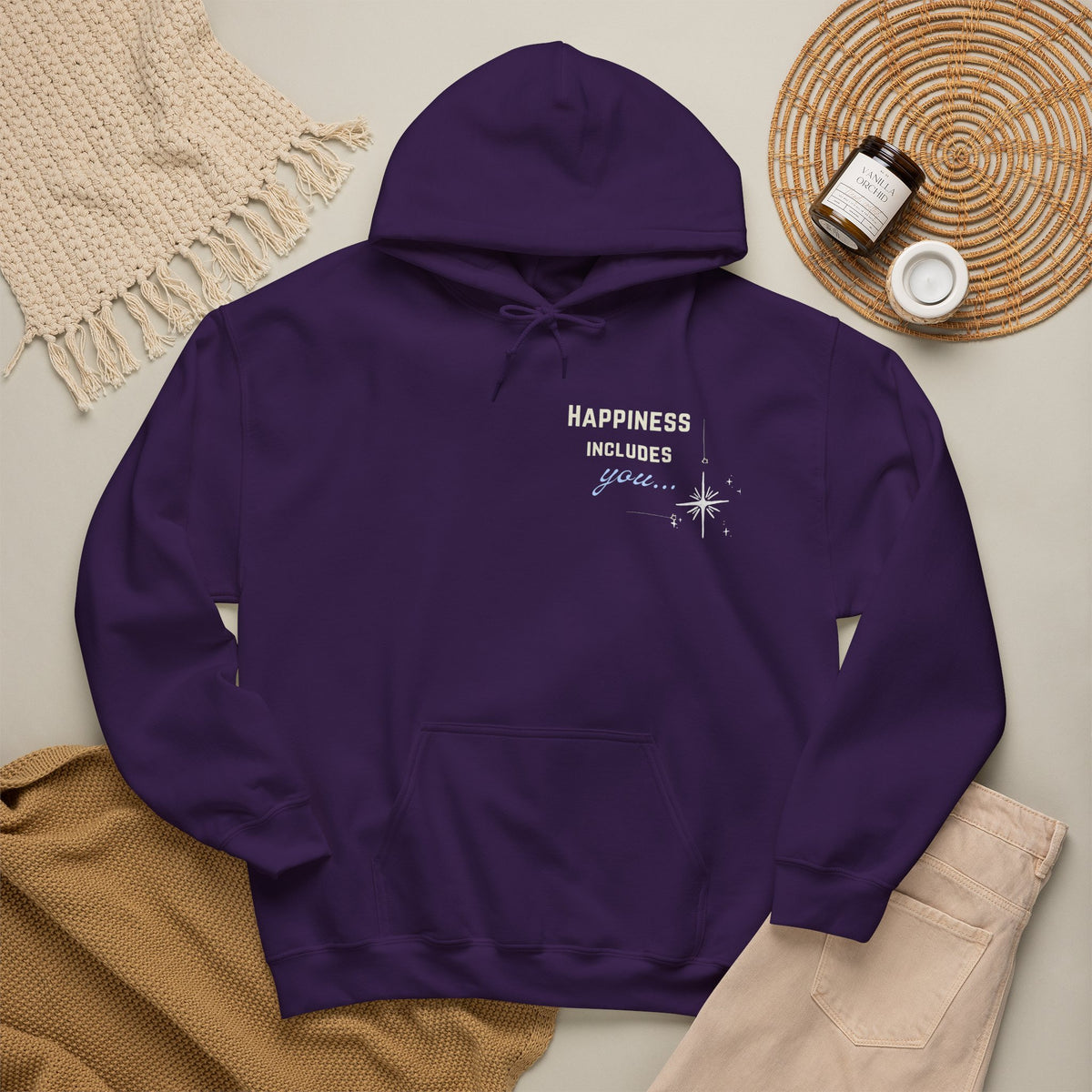 Hoodie — "Happiness Includes You Too" Minimal Star Graphic