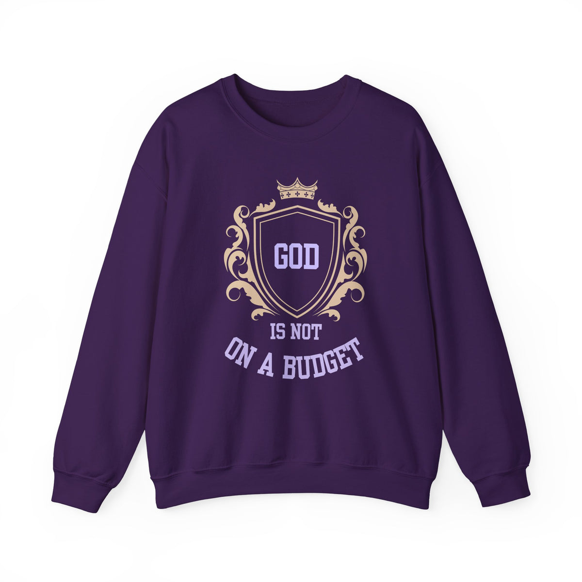 God Is On A Budget Crewneck Sweatshirt — Faith-Inspired Crest Design