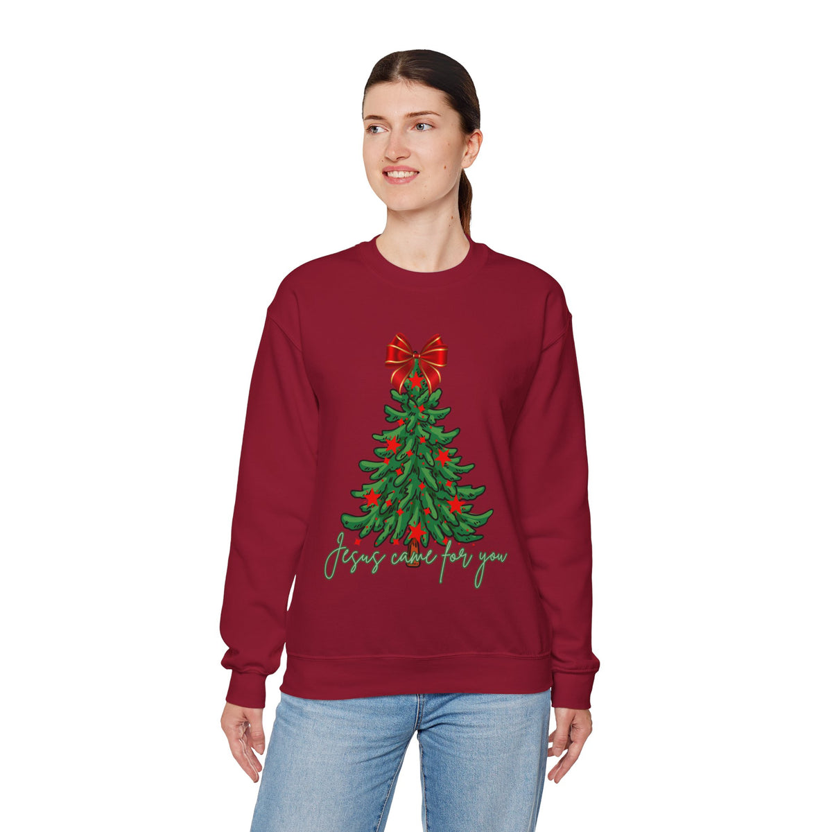 Tree, Bow and  Jesus Came for You  Crewneck Sweatshirt