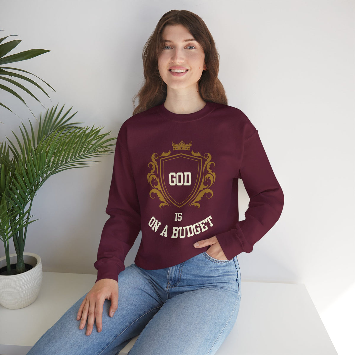 God Is On A Budget Crewneck Sweatshirt — Faith-Inspired Crest Design