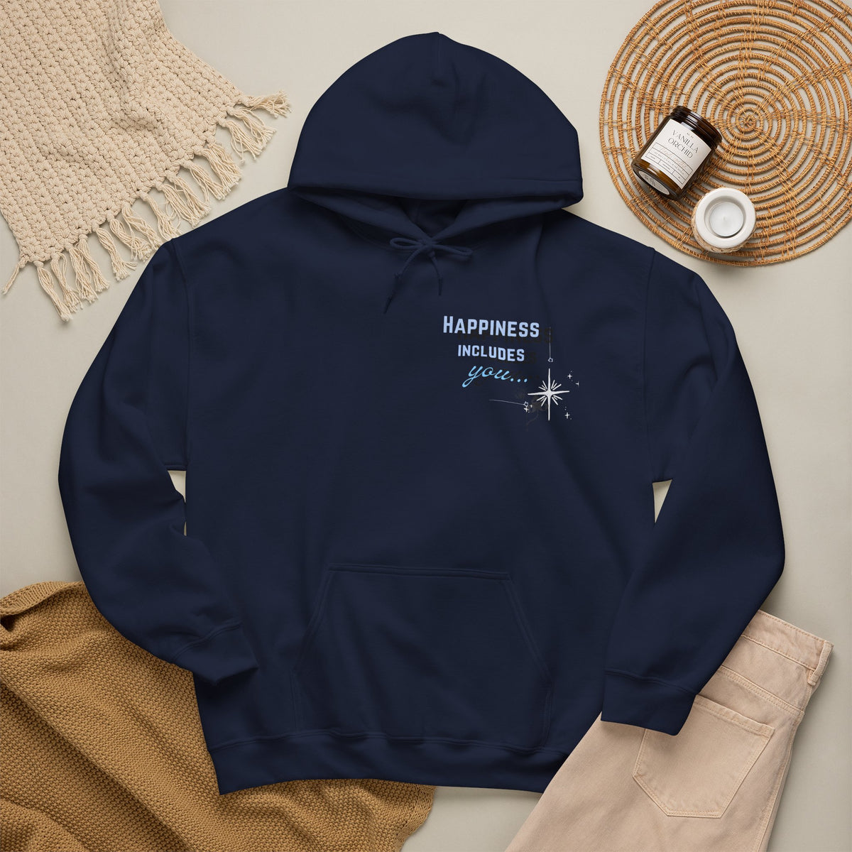 Hoodie — "Happiness Includes You Too" Minimal Star Graphic