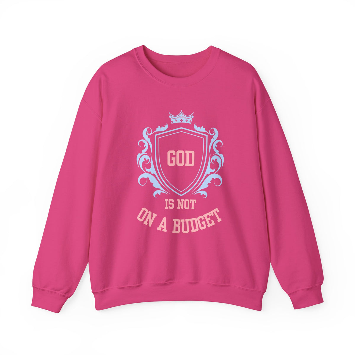 God Is On A Budget Crewneck Sweatshirt — Faith-Inspired Crest Design