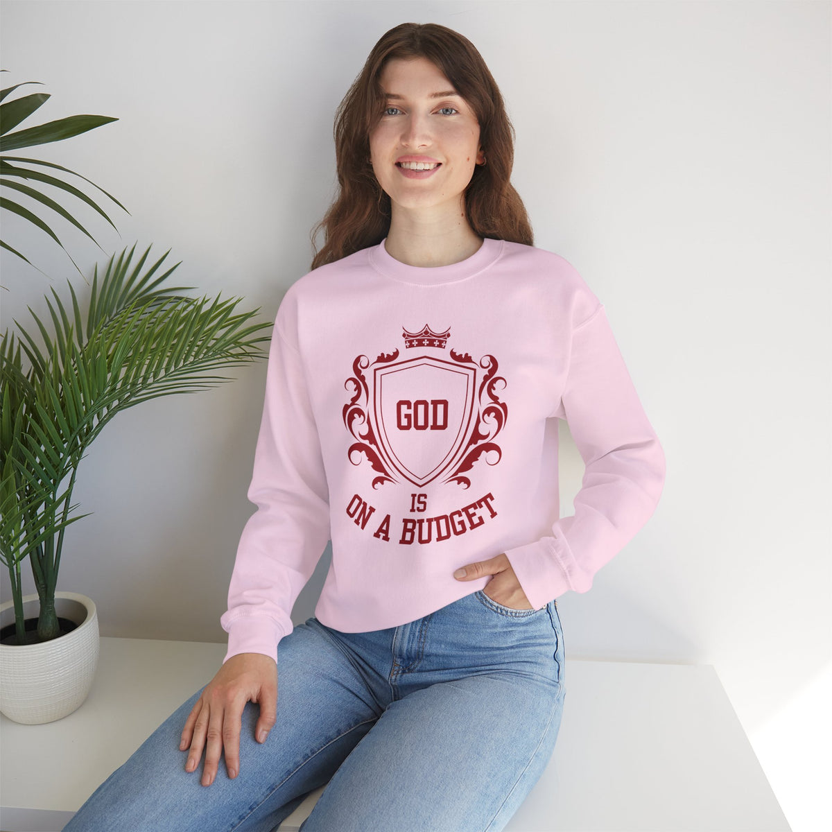 God Is On A Budget Crewneck Sweatshirt — Faith-Inspired Crest Design