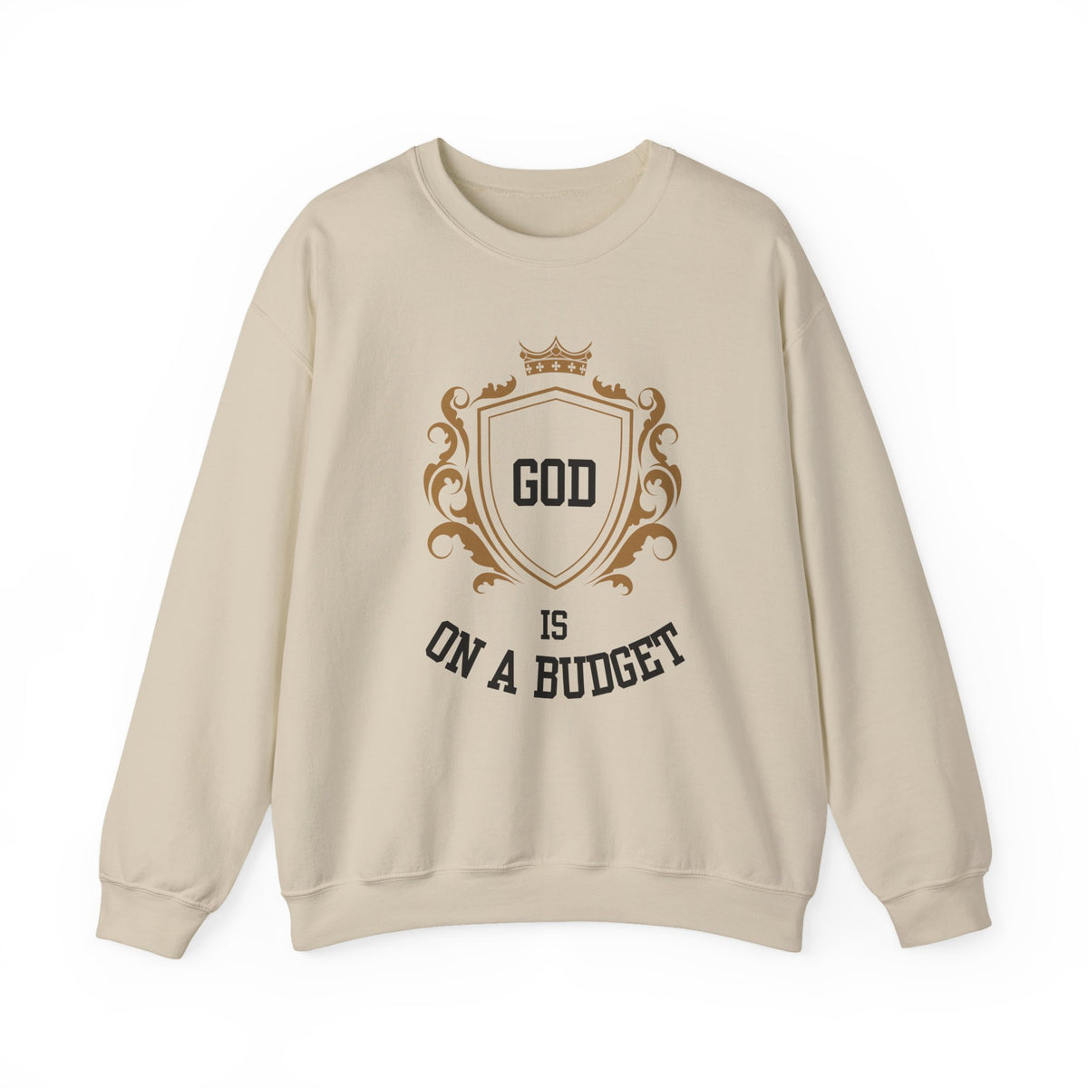 God Is On A Budget Crewneck Sweatshirt — Faith-Inspired Crest Design