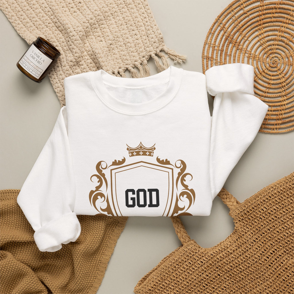 God Is On A Budget Crewneck Sweatshirt — Faith-Inspired Crest Design