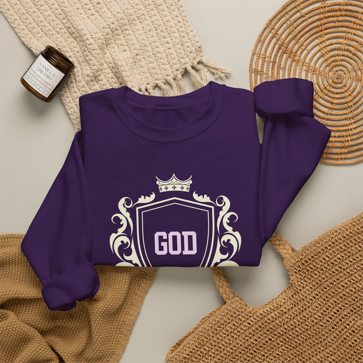 God Is On A Budget Crewneck Sweatshirt — Faith-Inspired Crest Design