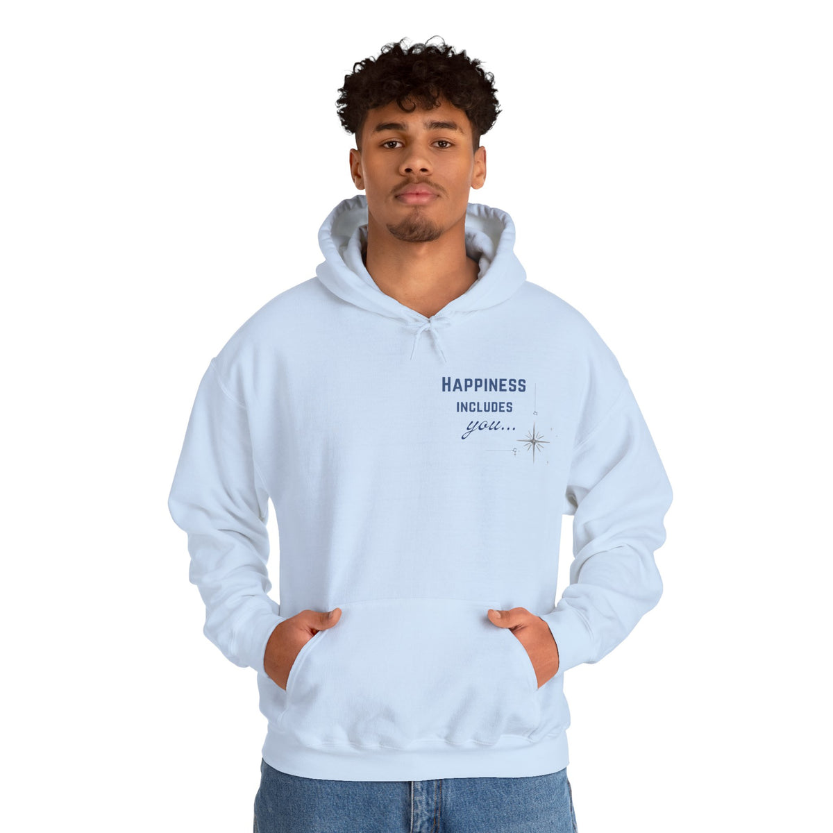 Hoodie — "Happiness Includes You Too" Minimal Star Graphic