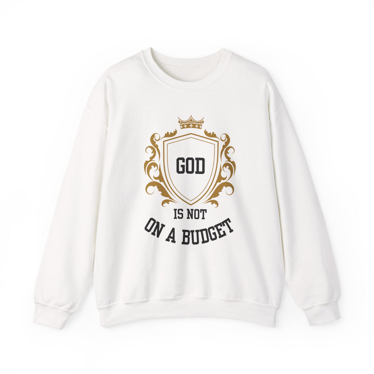 God Is On A Budget Crewneck Sweatshirt — Faith-Inspired Crest Design