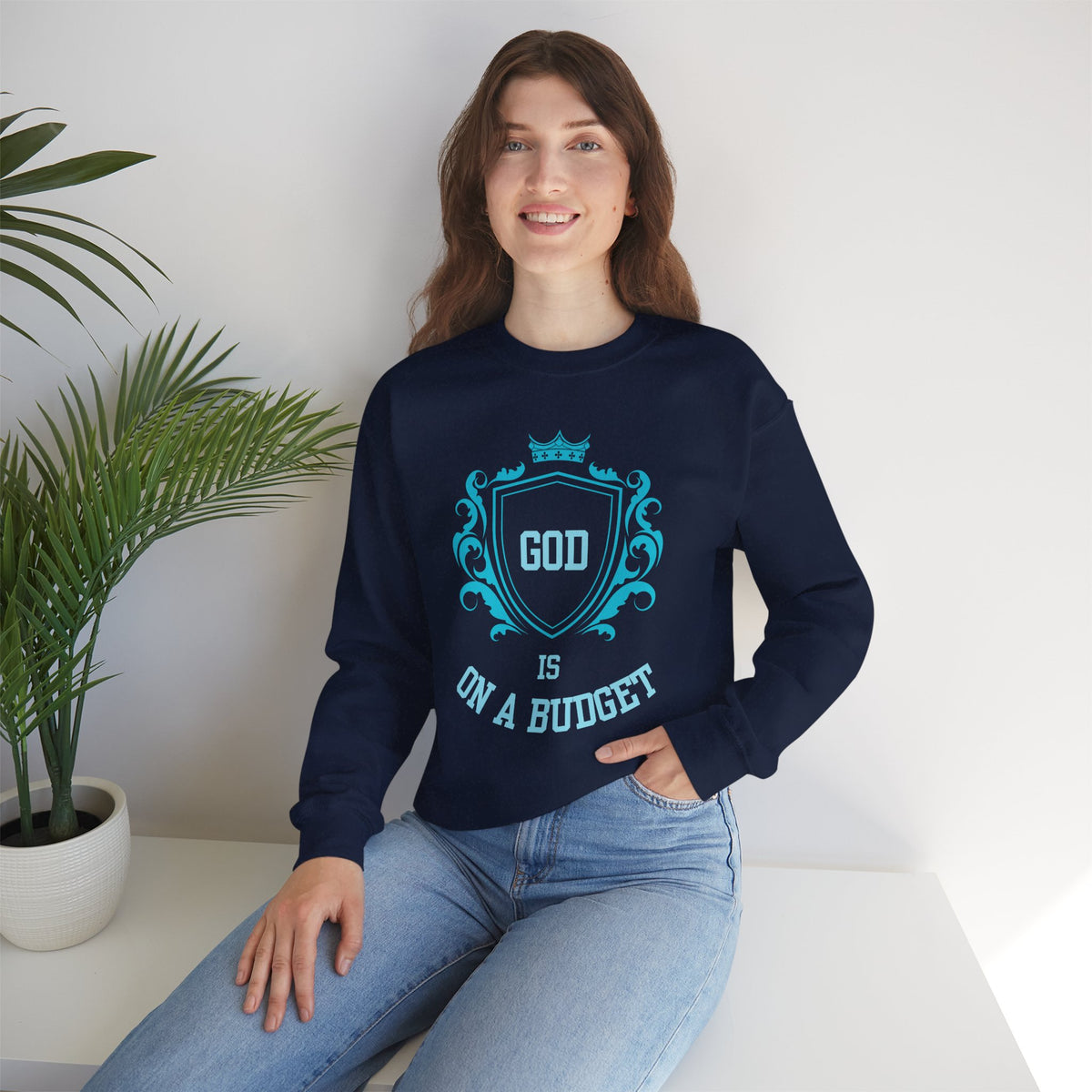 God Is On A Budget Crewneck Sweatshirt — Faith-Inspired Crest Design