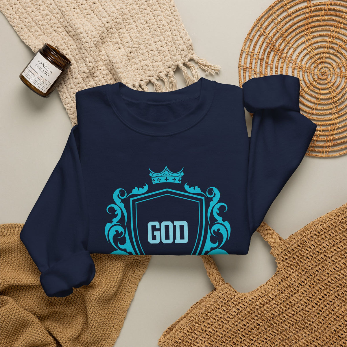 God Is On A Budget Crewneck Sweatshirt — Faith-Inspired Crest Design