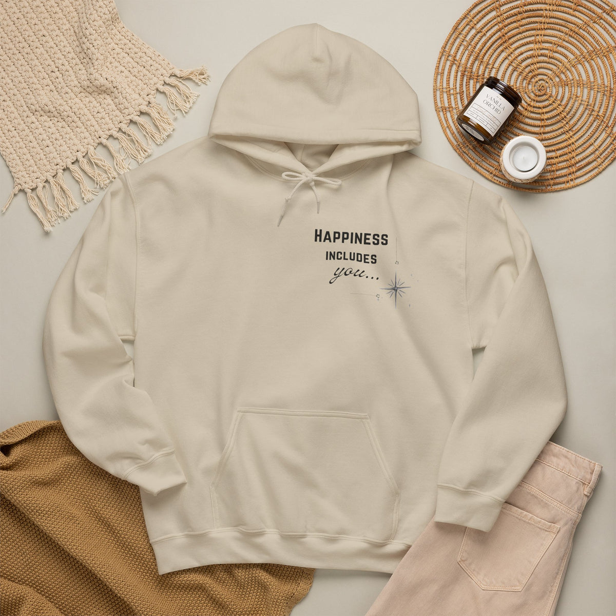 Hoodie — "Happiness Includes You Too" Minimal Star Graphic