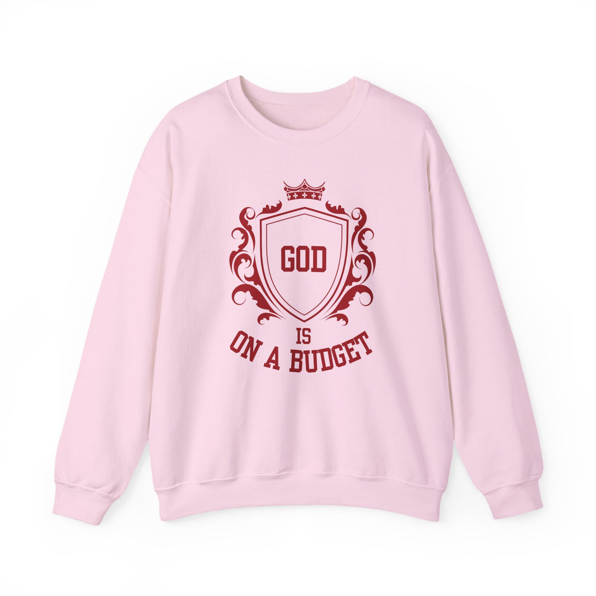 God Is On A Budget Crewneck Sweatshirt — Faith-Inspired Crest Design