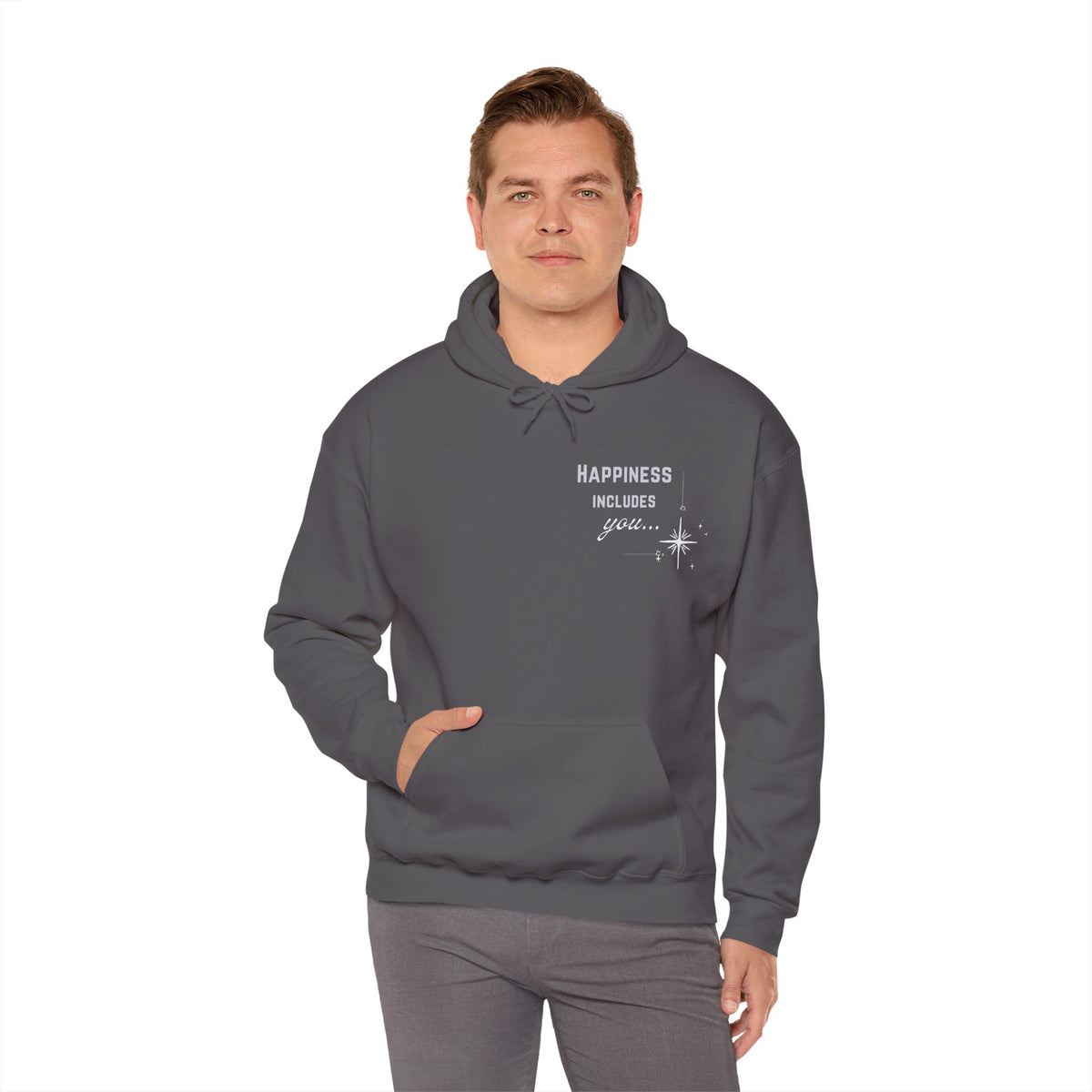 Hoodie — "Happiness Includes You Too" Minimal Star Graphic