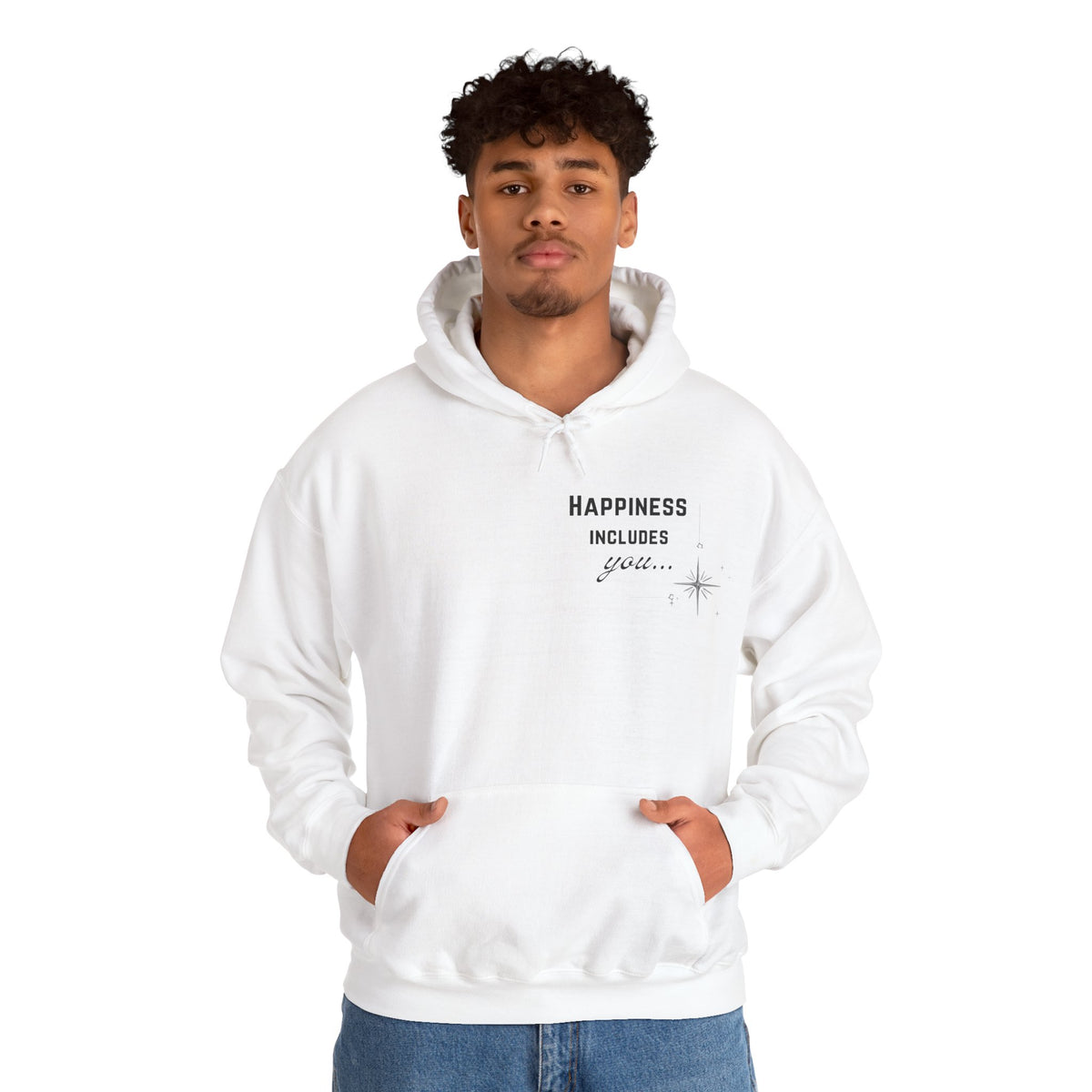 Hoodie — "Happiness Includes You Too" Minimal Star Graphic