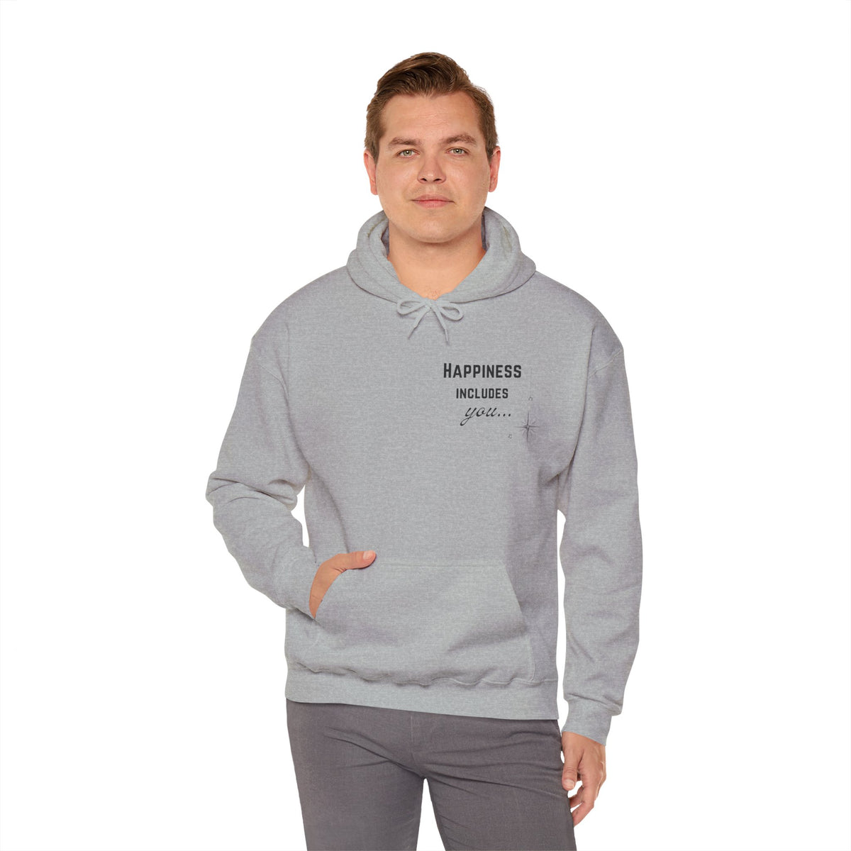 Hoodie — "Happiness Includes You Too" Minimal Star Graphic