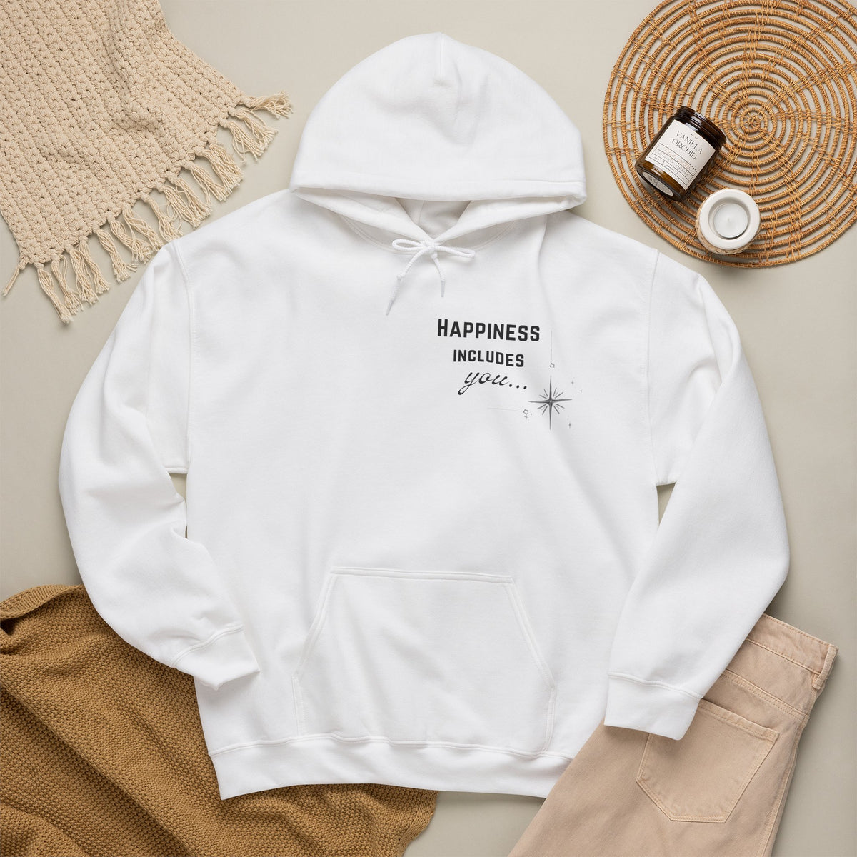 Hoodie — "Happiness Includes You Too" Minimal Star Graphic