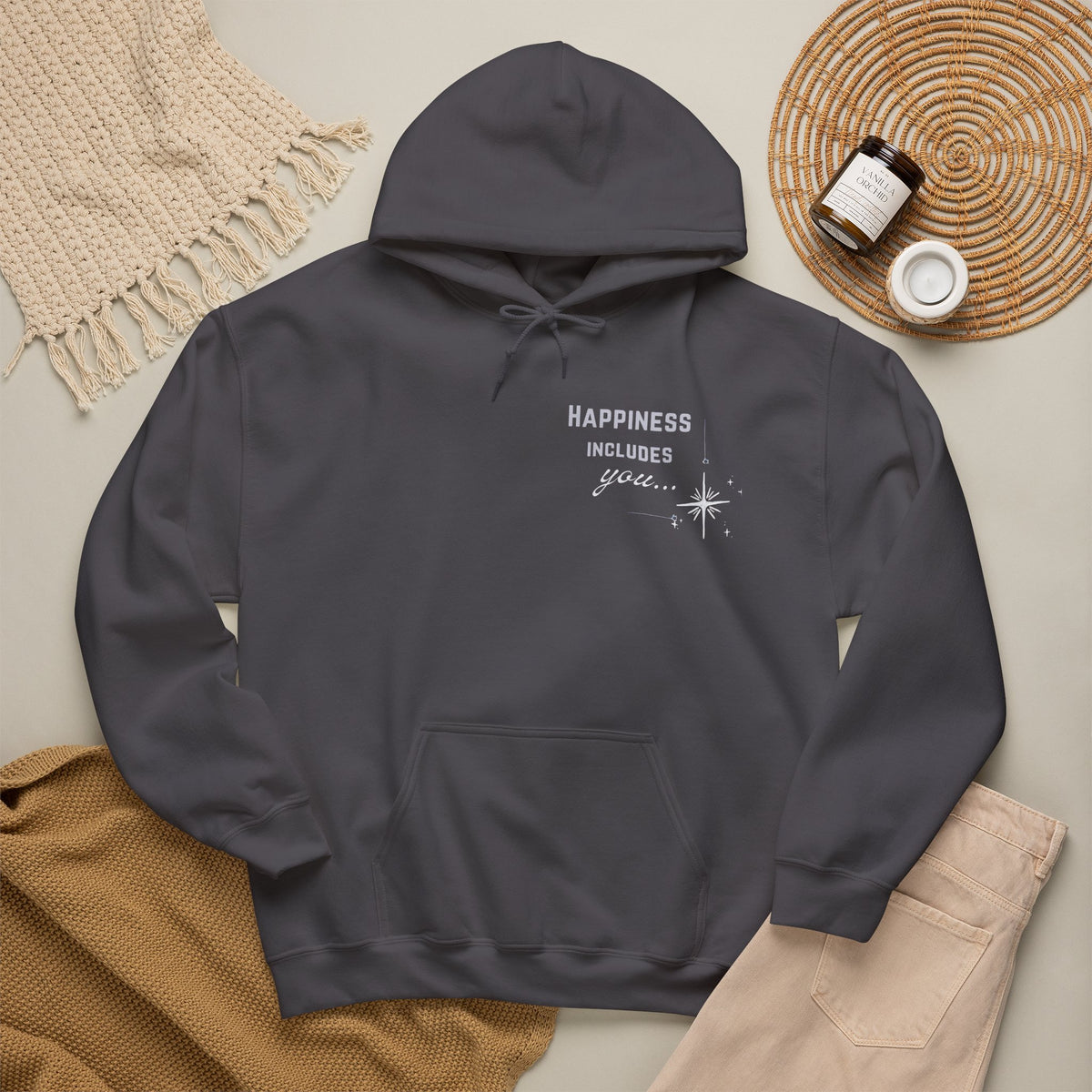 Hoodie — "Happiness Includes You Too" Minimal Star Graphic