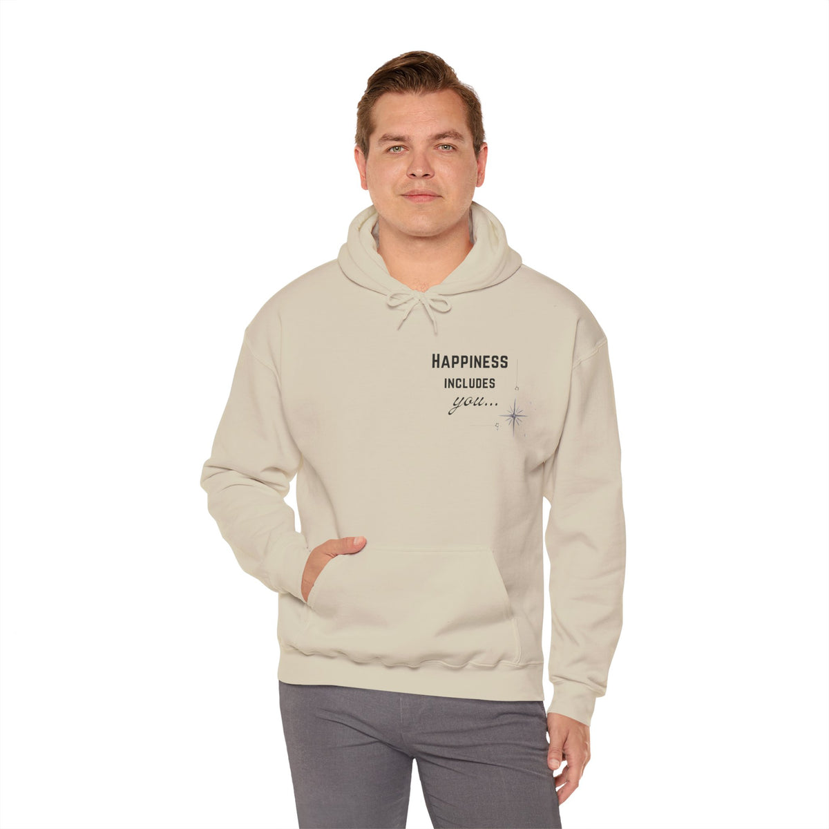 Hoodie — "Happiness Includes You Too" Minimal Star Graphic