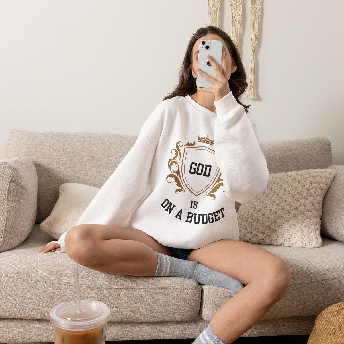 God Is On A Budget Crewneck Sweatshirt — Faith-Inspired Crest Design