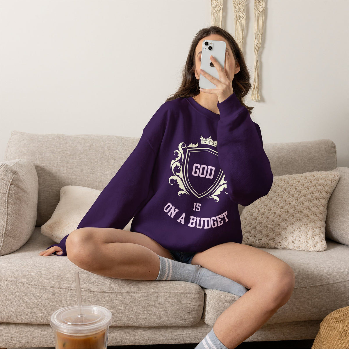 God Is On A Budget Crewneck Sweatshirt — Faith-Inspired Crest Design