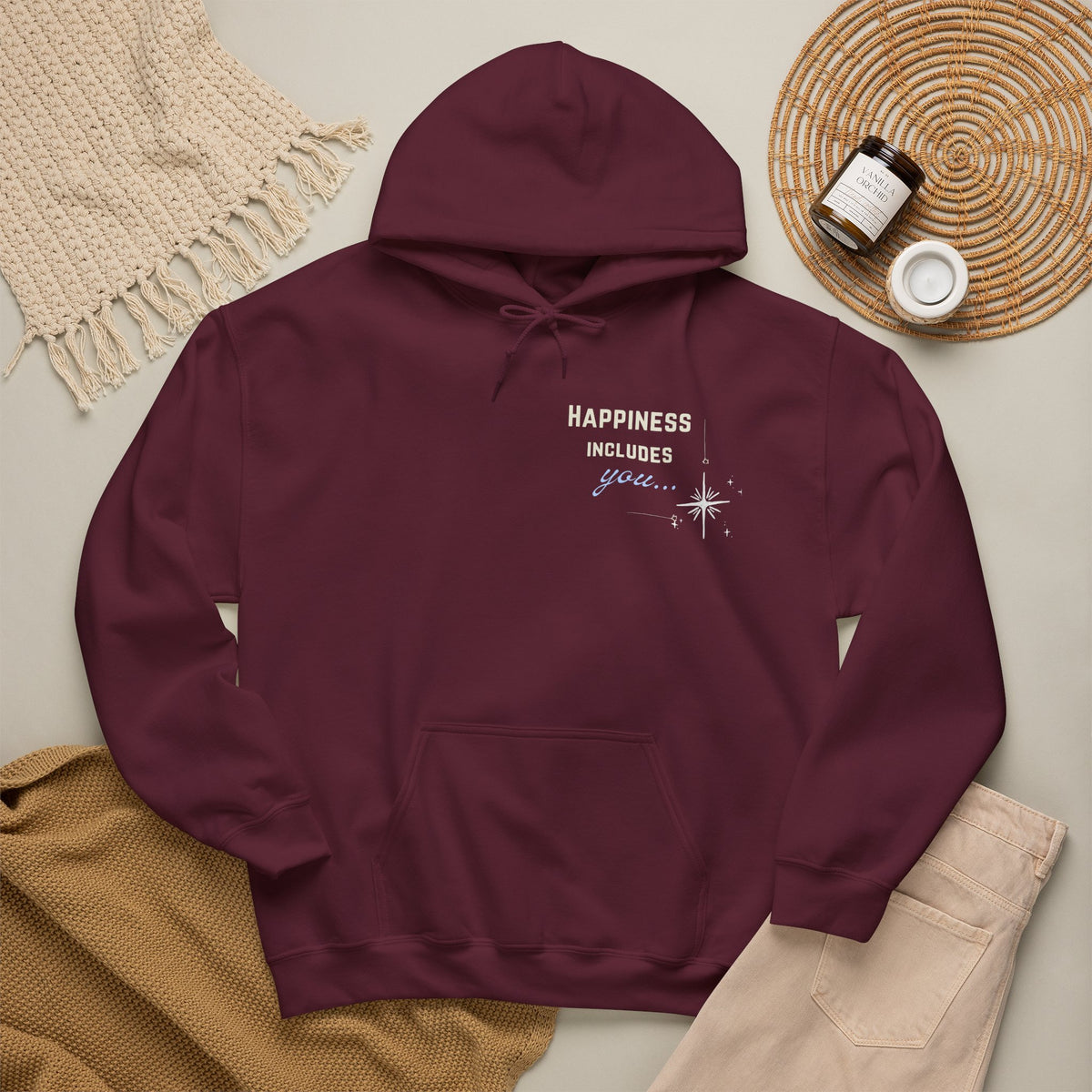 Hoodie — "Happiness Includes You Too" Minimal Star Graphic