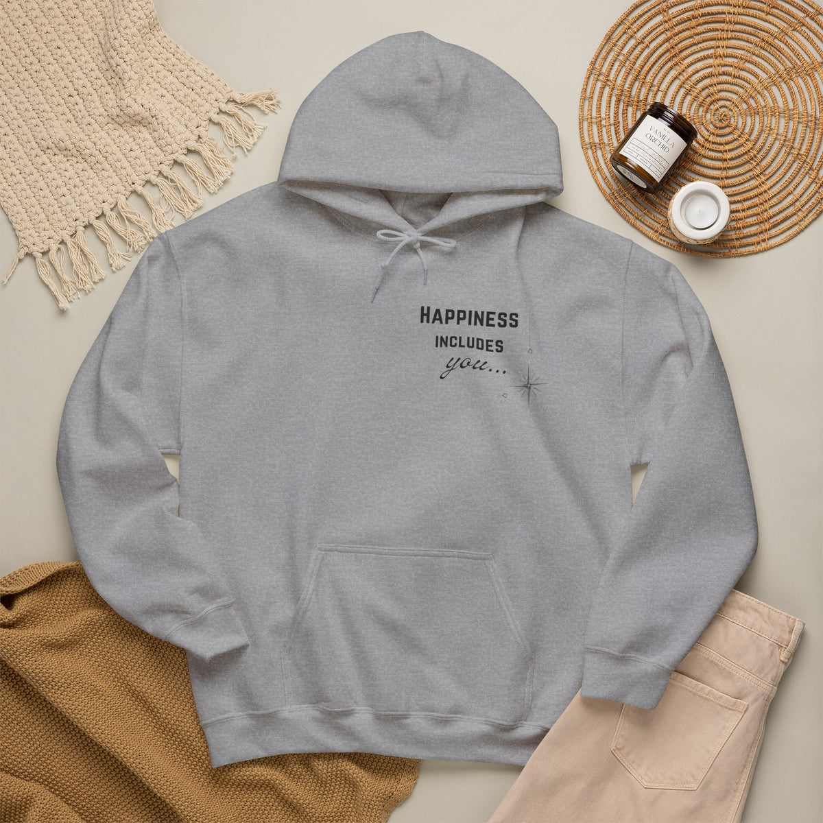 Hoodie — "Happiness Includes You Too" Minimal Star Graphic