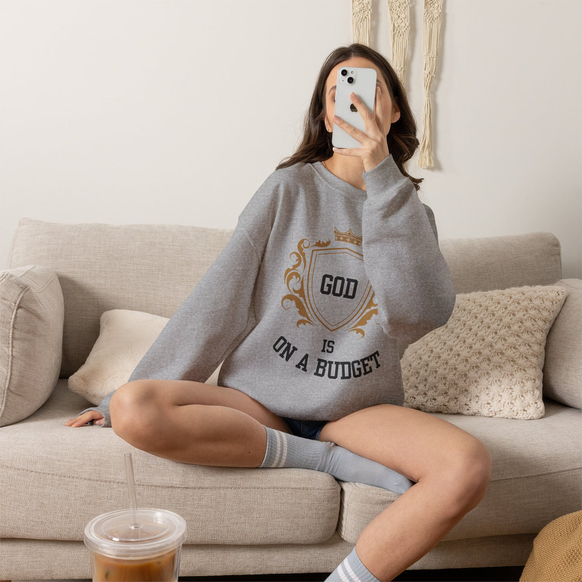 God Is On A Budget Crewneck Sweatshirt — Faith-Inspired Crest Design