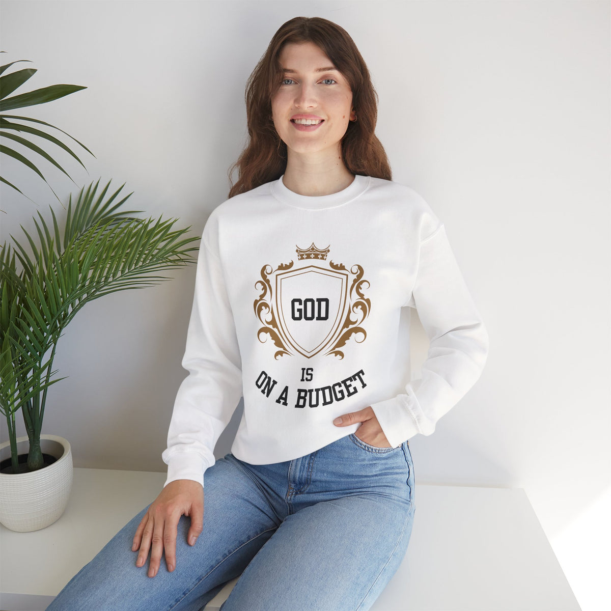 God Is On A Budget Crewneck Sweatshirt — Faith-Inspired Crest Design