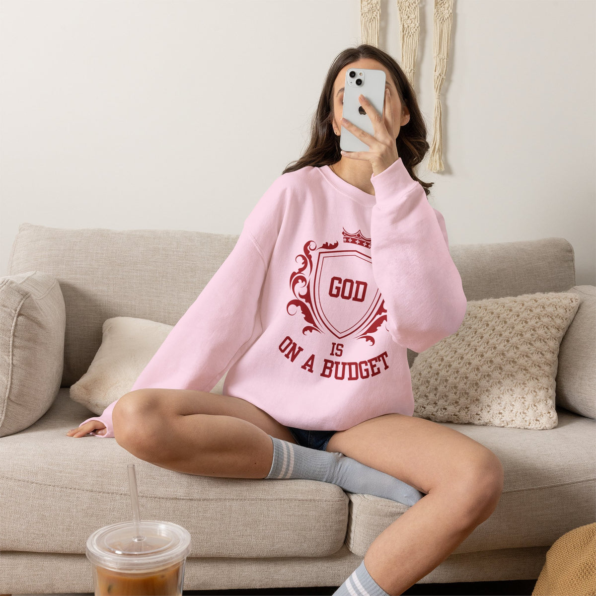 God Is On A Budget Crewneck Sweatshirt — Faith-Inspired Crest Design