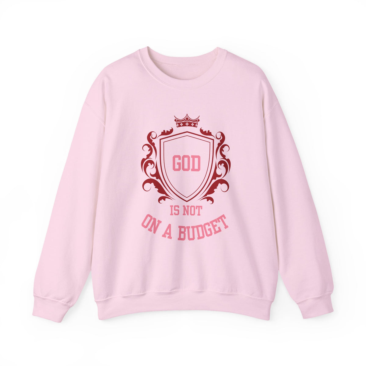 God Is On A Budget Crewneck Sweatshirt — Faith-Inspired Crest Design