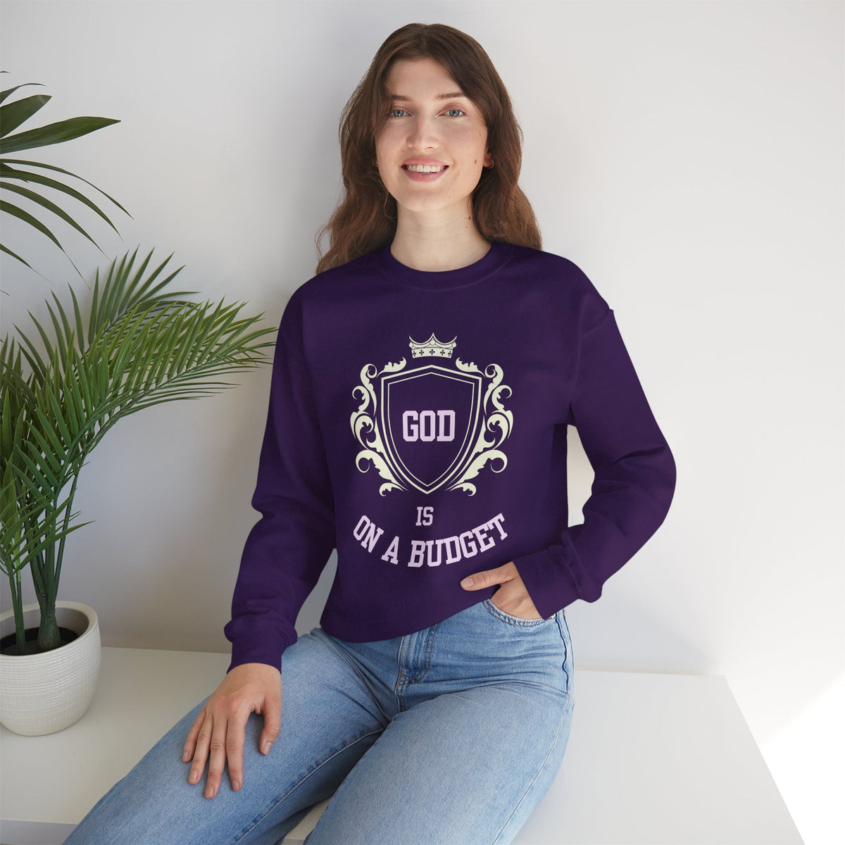 God Is On A Budget Crewneck Sweatshirt — Faith-Inspired Crest Design