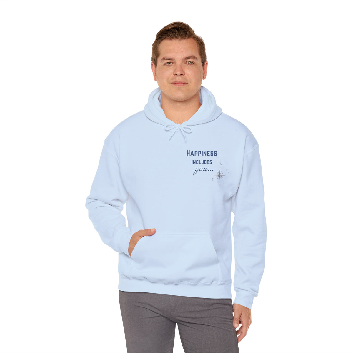 Hoodie — "Happiness Includes You Too" Minimal Star Graphic